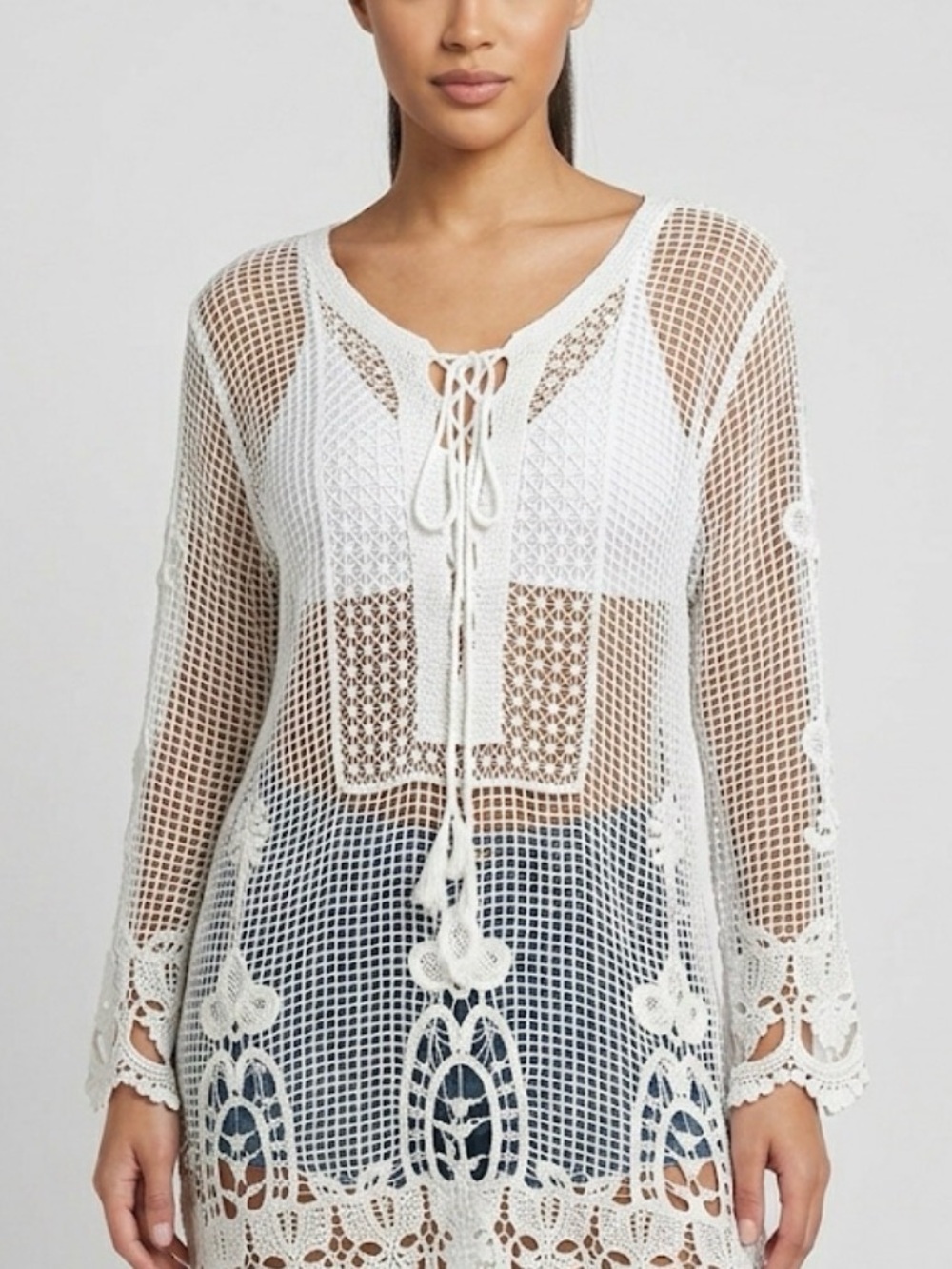 Cream Crochet Lace Cover-Up Top Tunic Womens Brittany Black Size Large